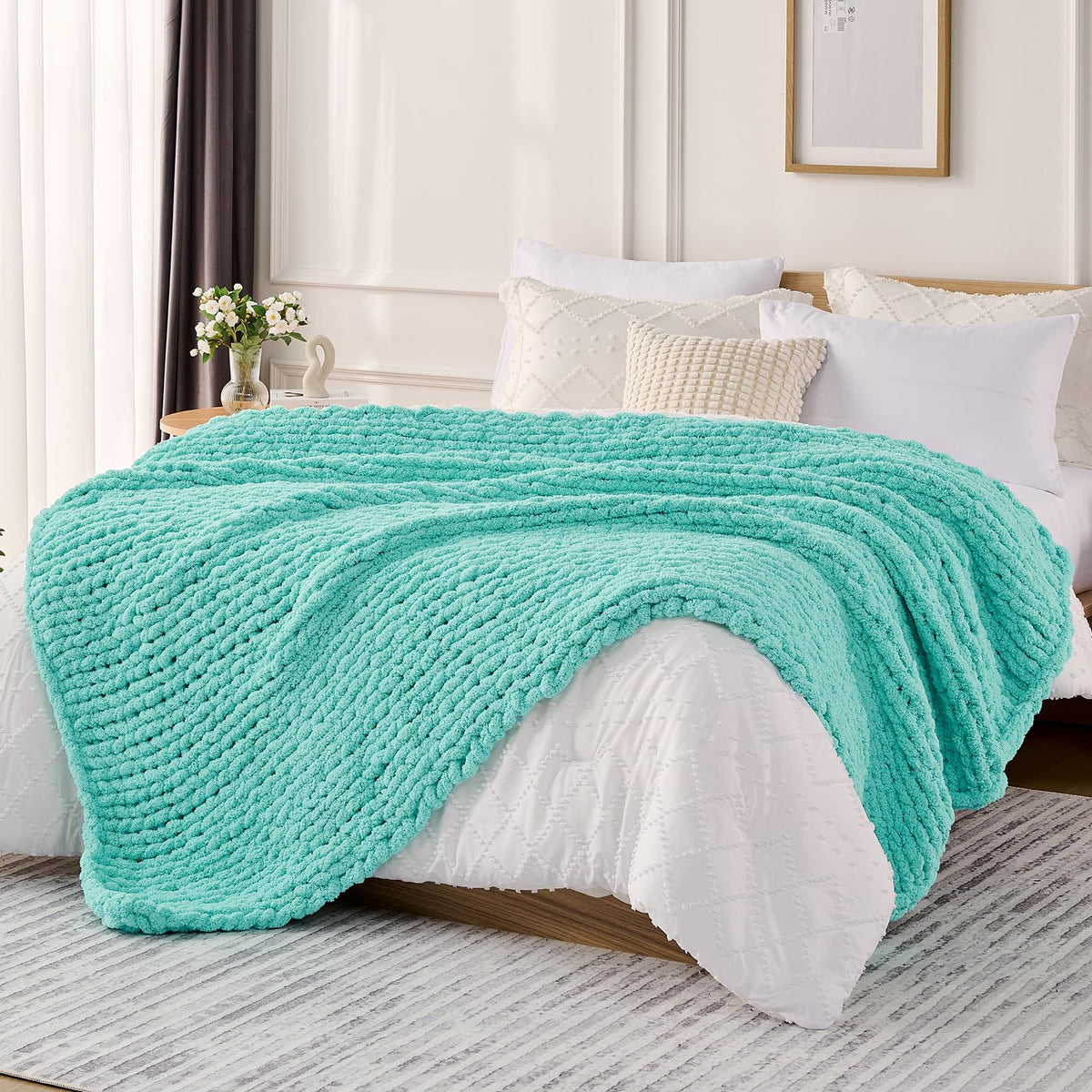 L'AGRATY Chunky Knit Throw Blanket for Couch, 50'' x 60'' Knit Throw, Ivory