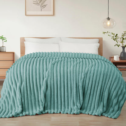 Exclusivo Mezcla Striped Fleece Throw Blanket for Couch, Sofa, Navy Blue