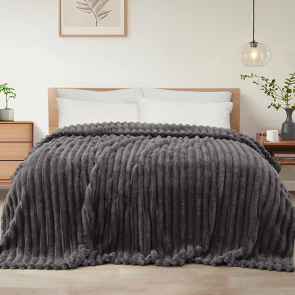 Exclusivo Mezcla Striped Fleece Throw Blanket for Couch, Sofa, Navy Blue