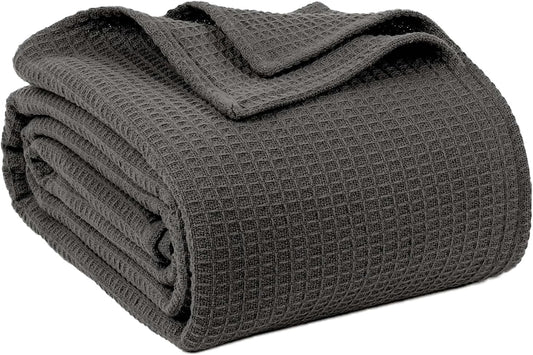 100% Cotton Blankets for Bed - Waffle Weave Blankets for Summer, Lightweight and Breathable Soft Woven Blanket for Spring (Dark Grey, Queen (90" x 90"))