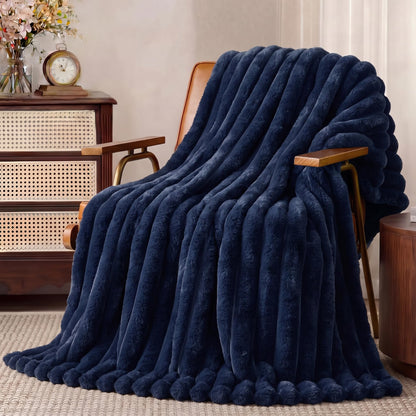 Amélie Home Soft Striped Faux Fur Throw Blanket for Couch, Beige, 55"x70"