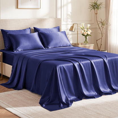 Love's cabin Satin Queen Sheets Set, 4 Pieces, Pink, 15" Deep Pocket