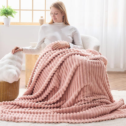 NEWCOSPLAY Fleece Ribbed Cozy Throw Blanket for Couch, Pink, 50"x60"