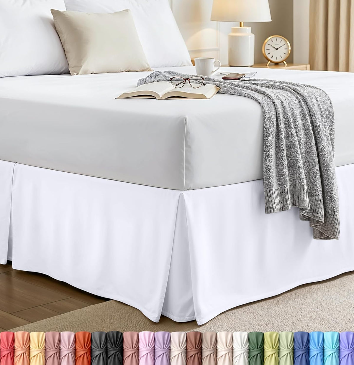 King Size Pleated Bed Skirt, Hides Under-Bed Storage 16 Inch Drop, White