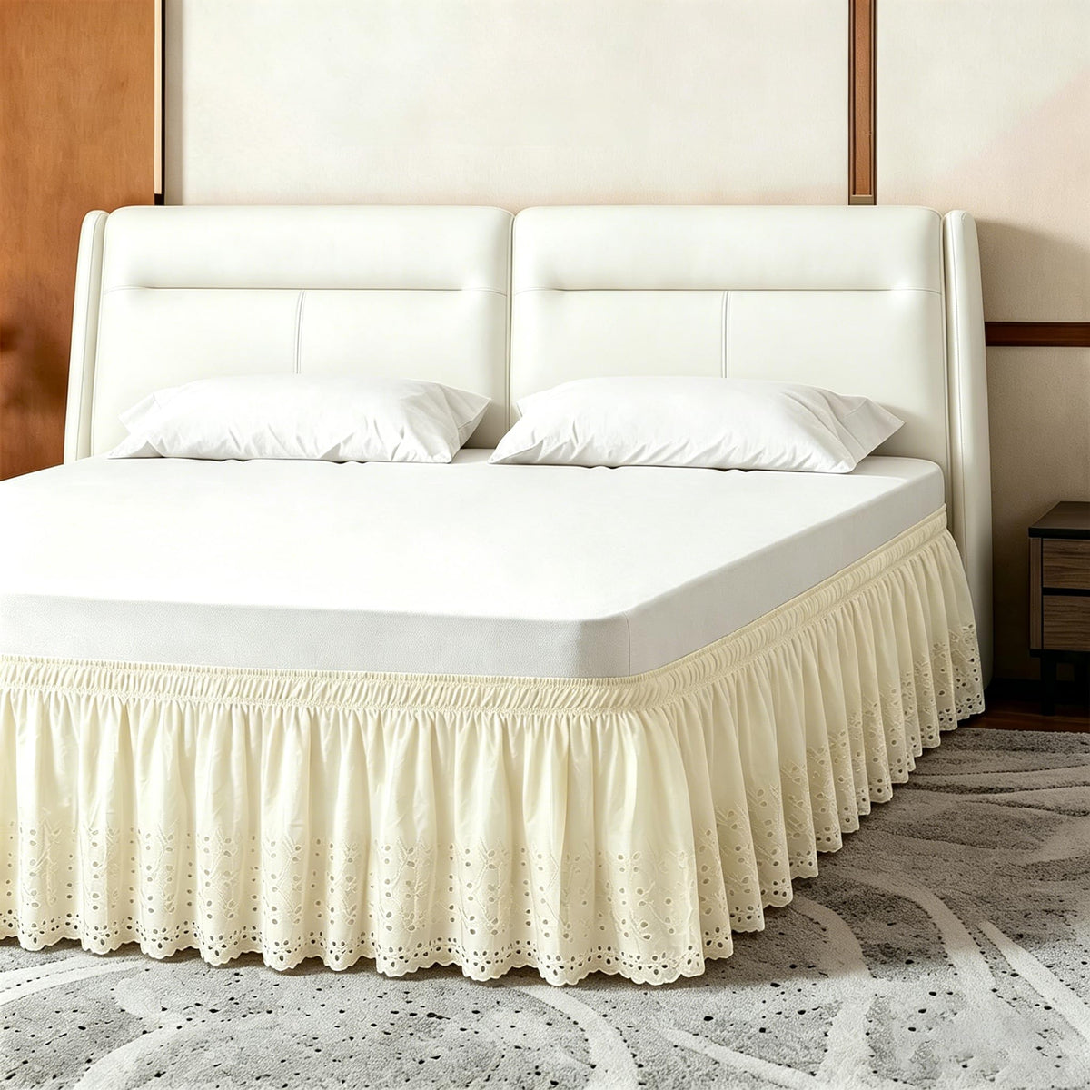 ANARACHON Full Bed Skirt, Wrap-Around Elastic Ruffled Eyelet Bed Skirt Full Size Dust Ruffle with Gathered Styling and Embroidered Details, 18" Drop Length (White)