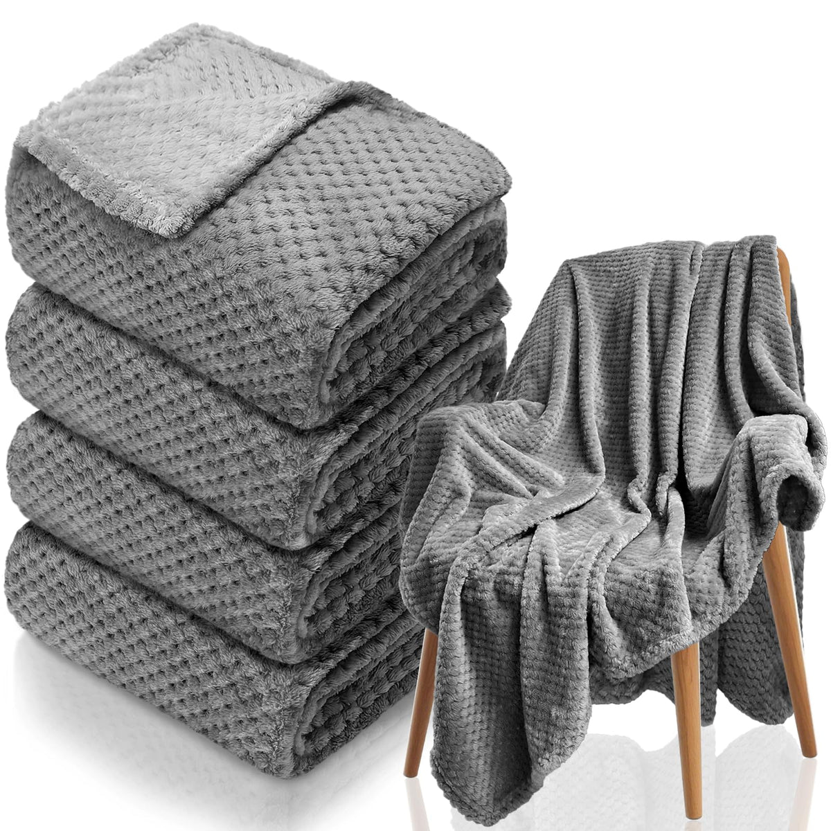 4 Pack Fleece Throw Blankets 50x60 Inches - 270 GSM Ultra Soft Plush Flannel for Bed Couch Sofa, Lightweight Warm 3D Waffle Texture, No Shedding No Pilling All Season Throw (Gray)