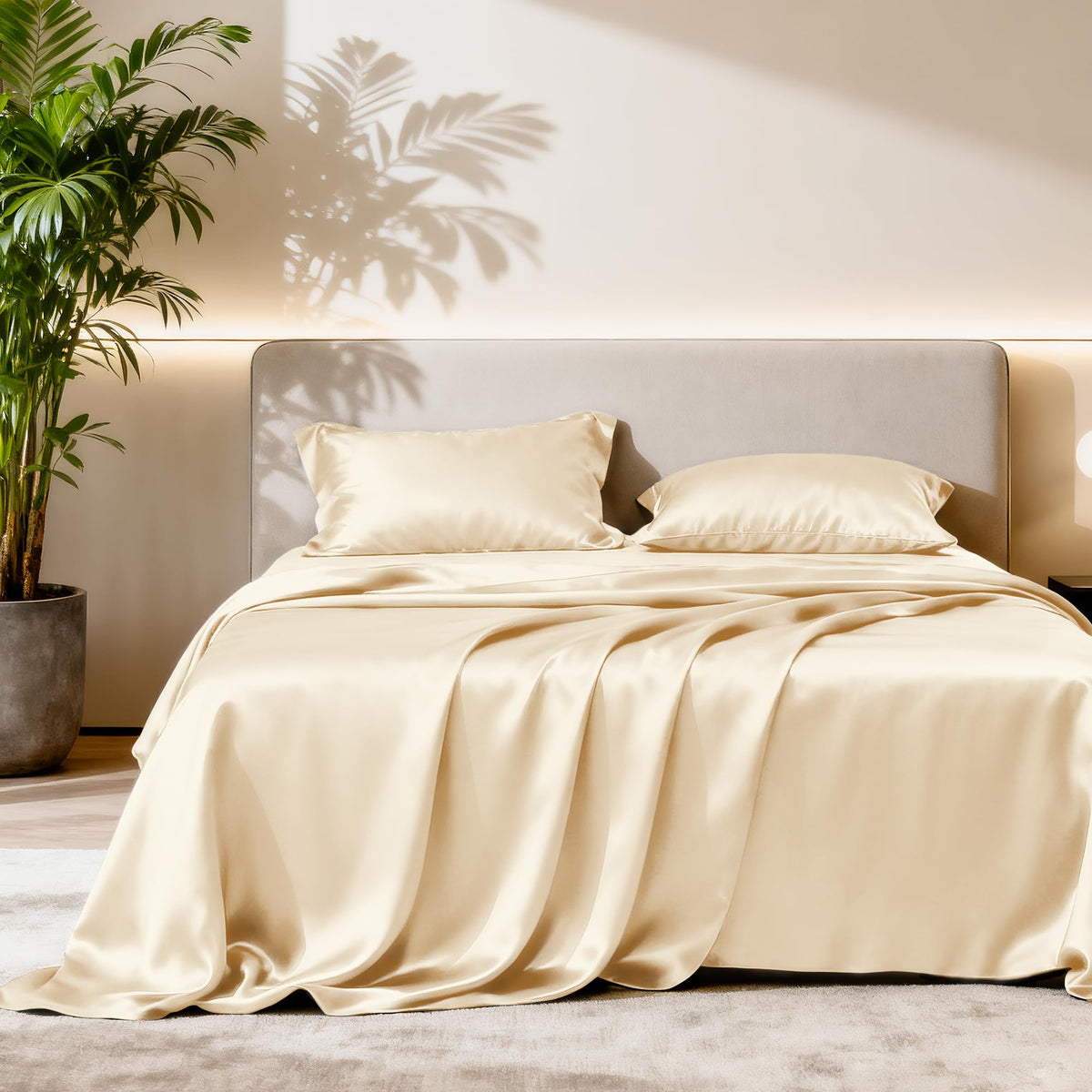 Love's cabin Satin Queen Sheets Set, 4 Pieces, Pink, 15" Deep Pocket