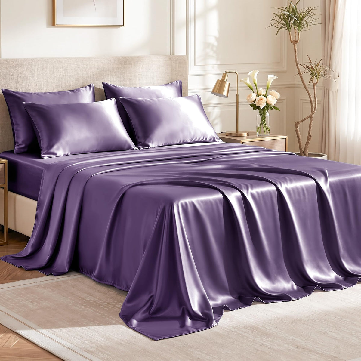 Love's cabin Satin Queen Sheets Set, 4 Pieces, Pink, 15" Deep Pocket