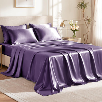 Love's cabin Satin Queen Sheets Set, 4 Pieces, Pink, 15" Deep Pocket