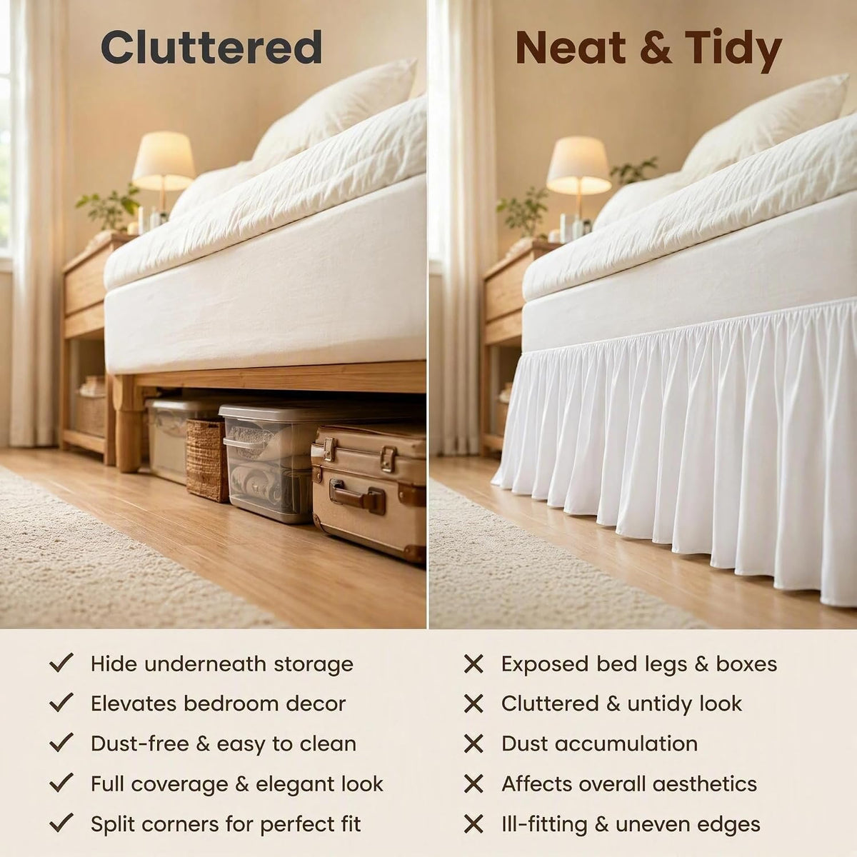 Juwenin Home Wrap Around Ruffle Bed Skirt, 16 Inch Drop, Elastic Fit, Wrinkle Resistant, Hotel Quality Bedskirt Dust Ruffle (White, Queen 16" Drop)