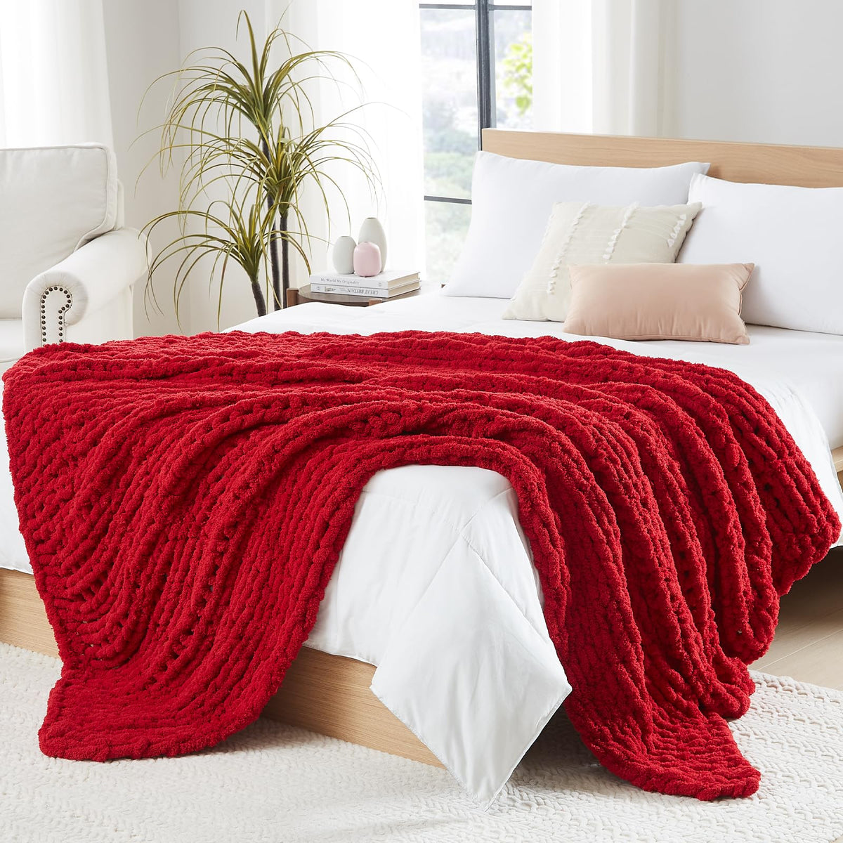 L'AGRATY Chunky Knit Throw Blanket for Couch, 50'' x 60'' Knit Throw, Ivory