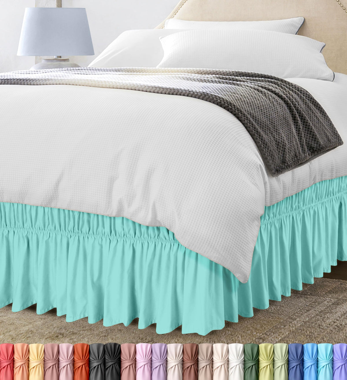 Wrap Around Queen Bed Skirt, Easy Fit Elastic Belt, 16 Inch Drop, White