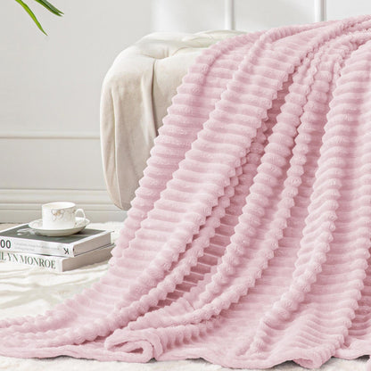 BEDELITE 3D Ribbed Jacquard Pink Fleece Throw Blanket for Couch, 50x60 Inch