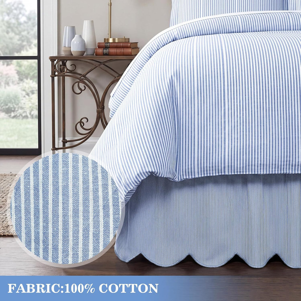 Striped Bed Skirt, Queen Size 16" Drop, Scallop Dust Ruffle, Blue