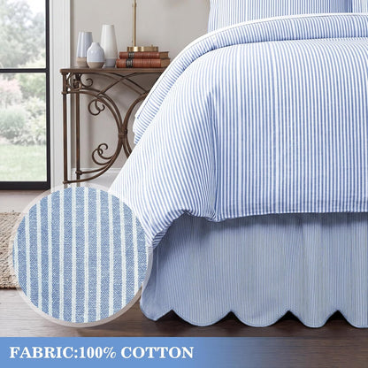 Striped Bed Skirt, Queen Size 16" Drop, Scallop Dust Ruffle, Blue