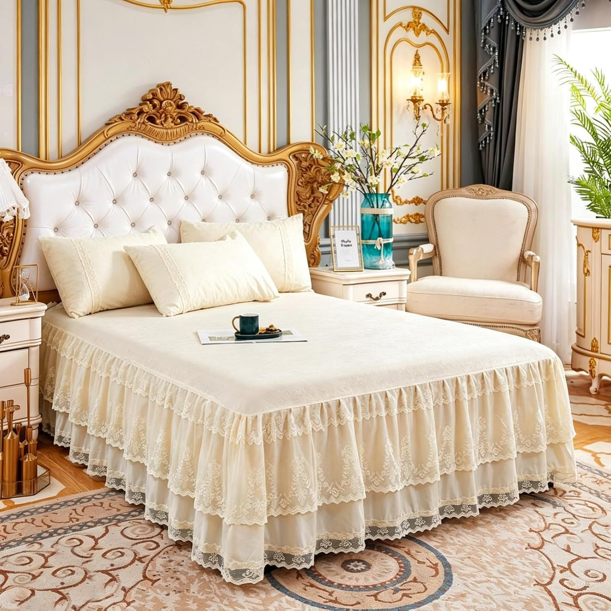 Knitted Lace Bed Skirt for Full Bed - 17" Drop, Wrap Around Bedskirt with Platform, Dust Ruffle Dorm Room Bedskirts