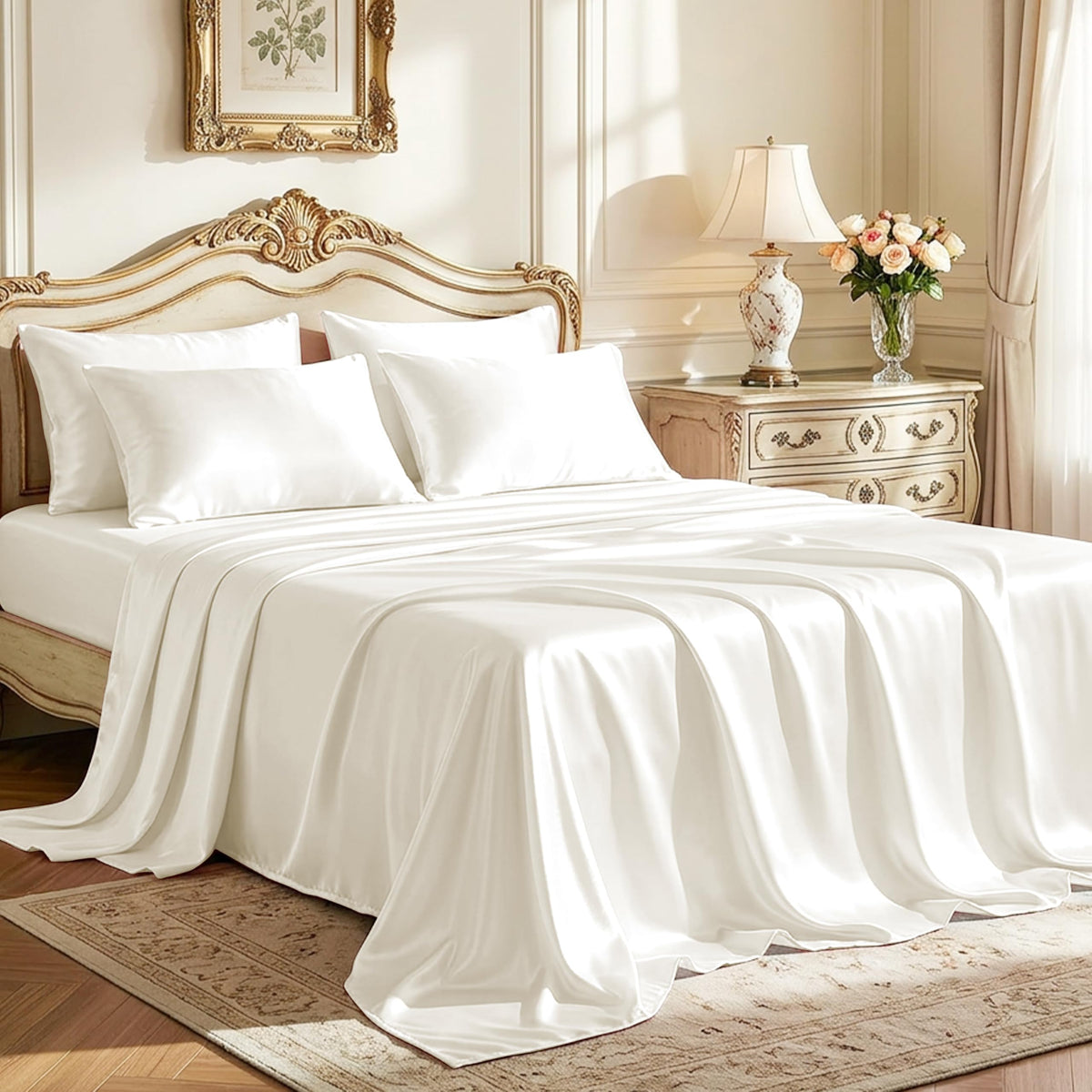 Love's cabin Satin Queen Sheets Set, 4 Pieces, Pink, 15" Deep Pocket