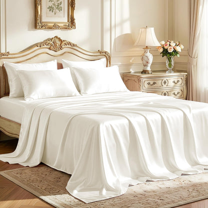 Love's cabin Satin Queen Sheets Set, 4 Pieces, Pink, 15" Deep Pocket
