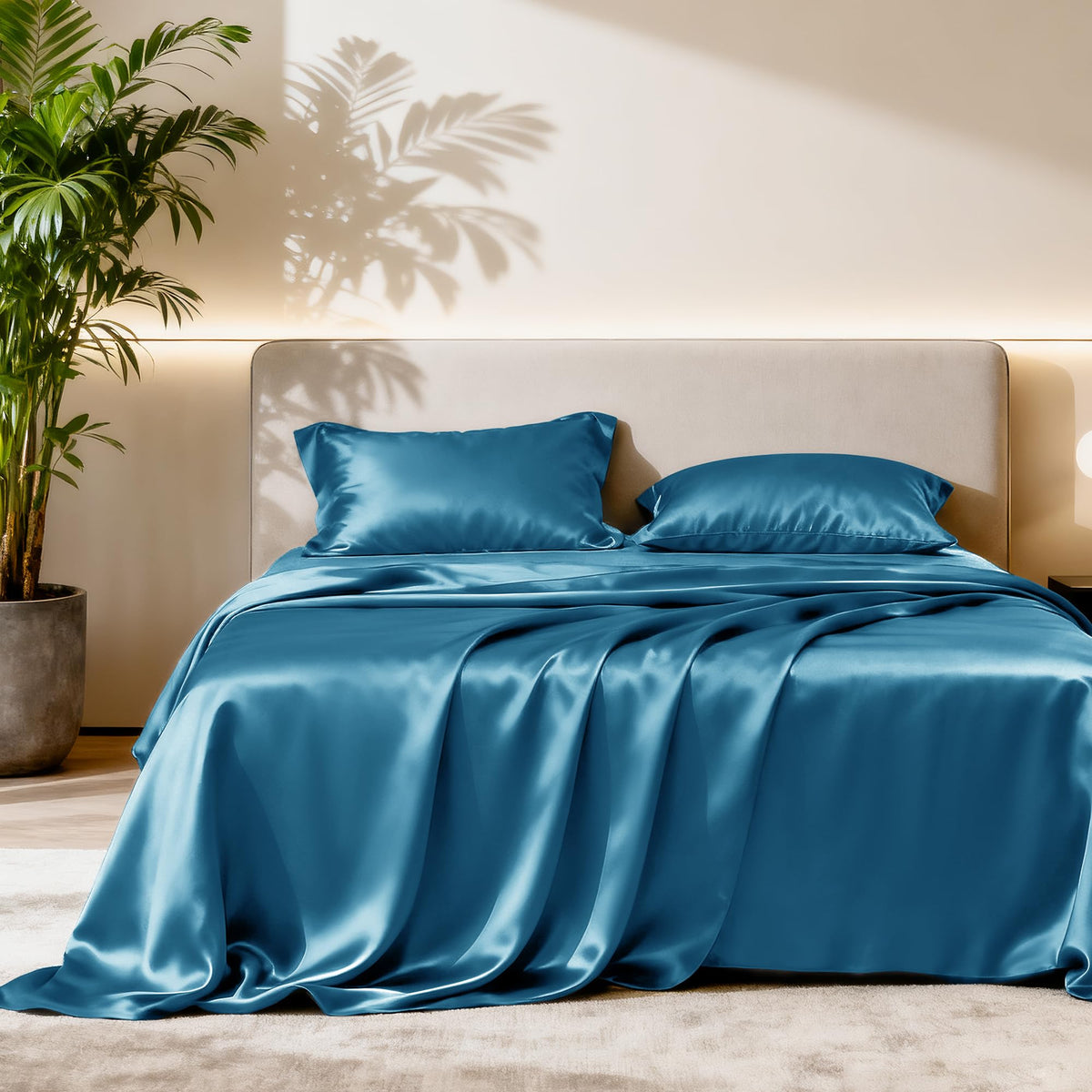 Love's cabin Satin Queen Sheets Set, 4 Pieces, Pink, 15" Deep Pocket