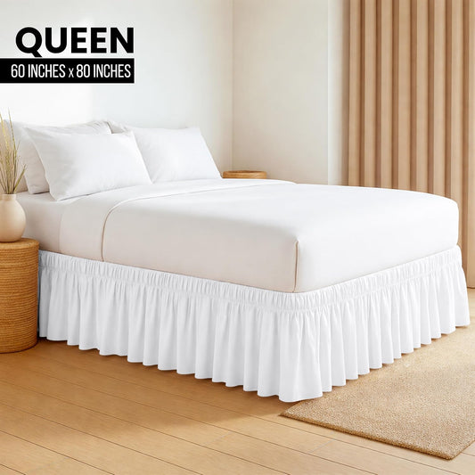 Wrap Around Queen Bed Skirt, Easy Fit Elastic Belt, 16 Inch Drop, White