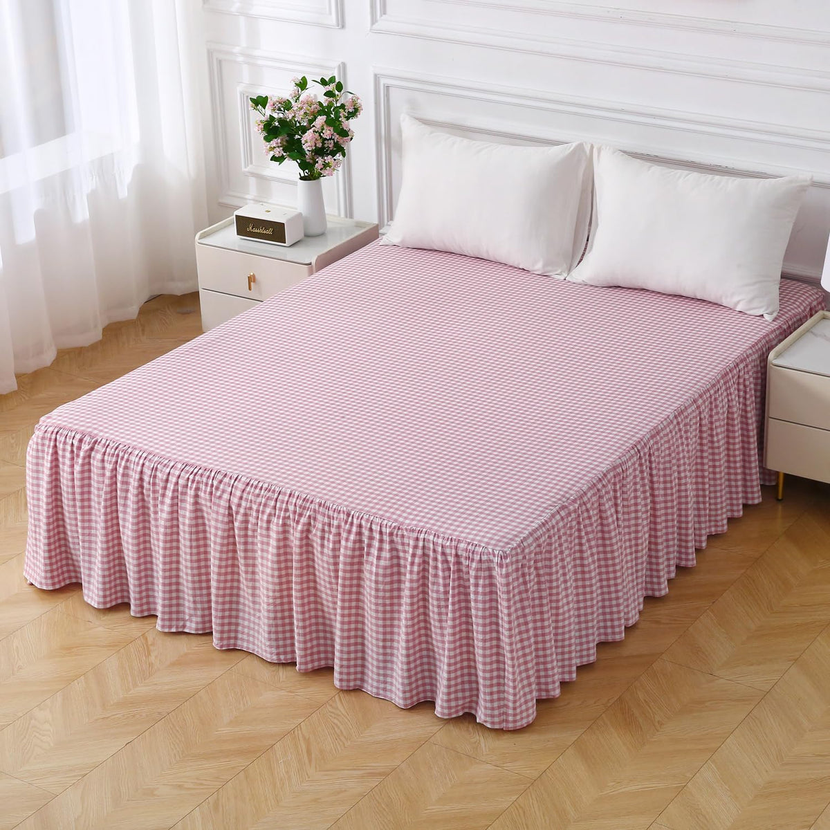 Silnuo Taupe/White Plaid Bed Skirt Gingham Dust Ruffle Queen Size 18"