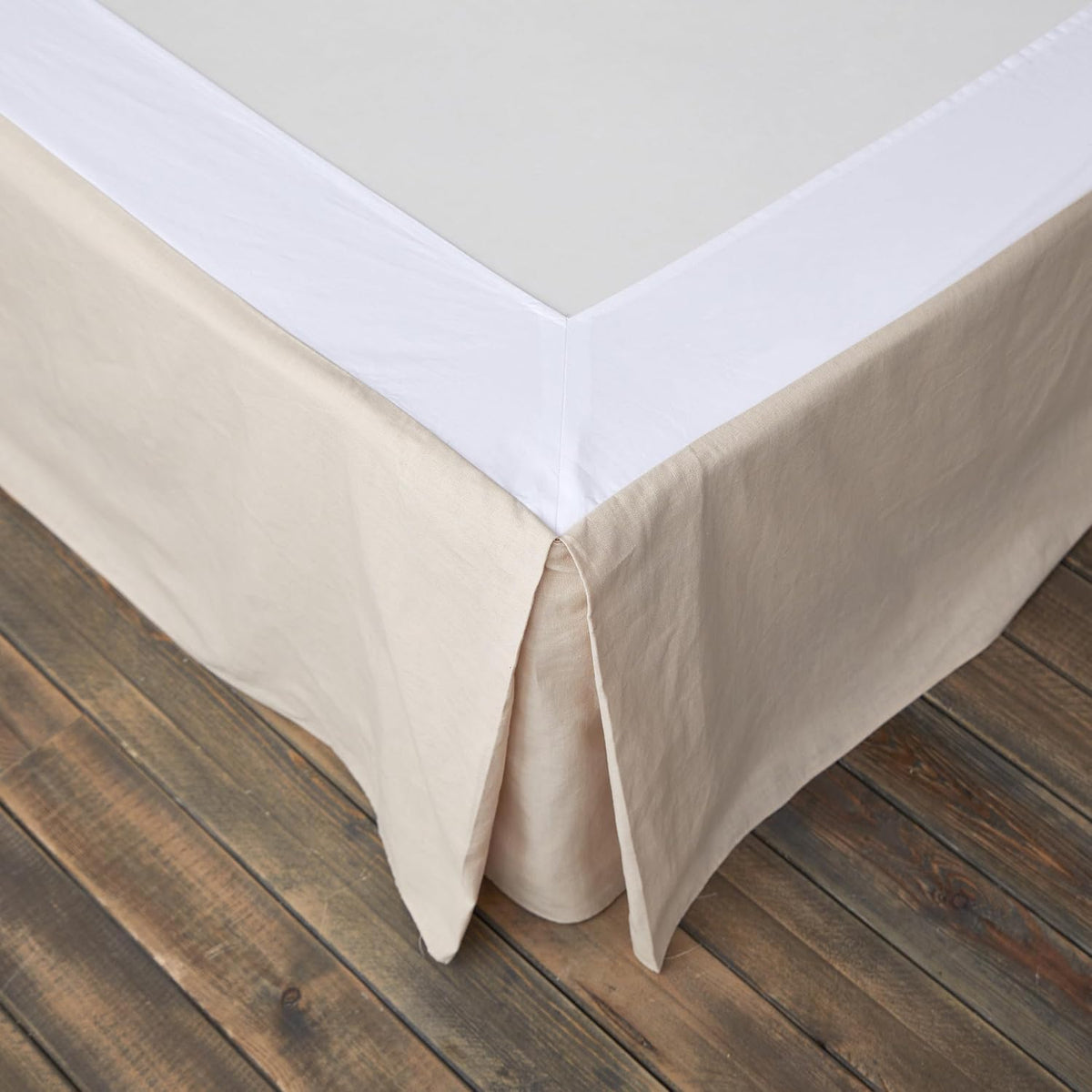 BISELINA French Linen Wrap Around Bed Skirt with Pleated Corner 14-Inch Tailored Drop Natural Flax Cotton Blend Basic Soft Cozy (14" Queen, Linen)