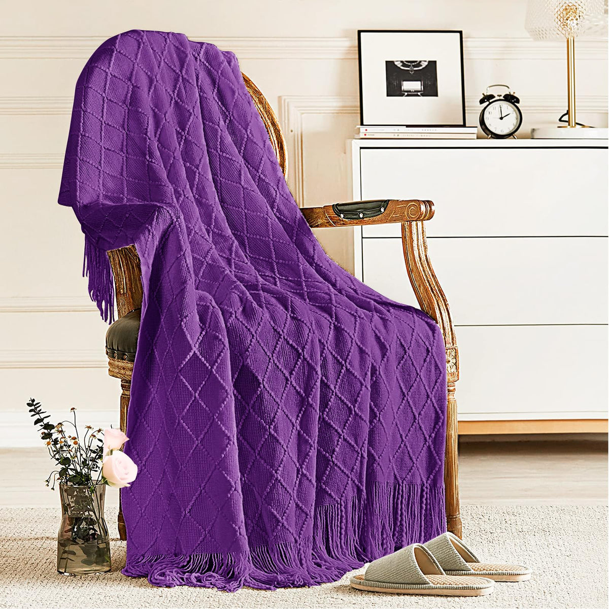inhand Off White Knitted Throw Blanket for Couch and Bed, 50"x60"