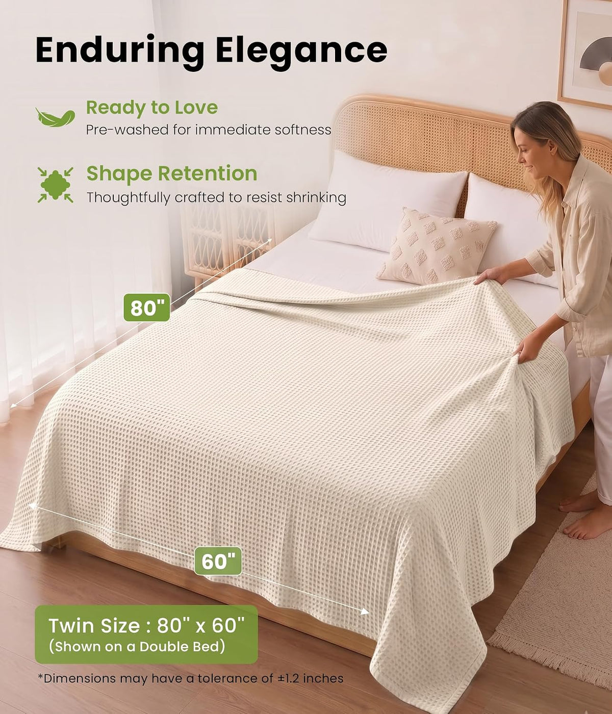 MURT 100% Bamboo Rayon Waffle Weave Twin Blanket for Bed, Cream, 60x80 Inch