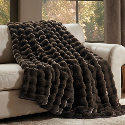 EverGrace Faux Rabbit Fur Bubble Throw Blanket, 60"x80", Ivory White
