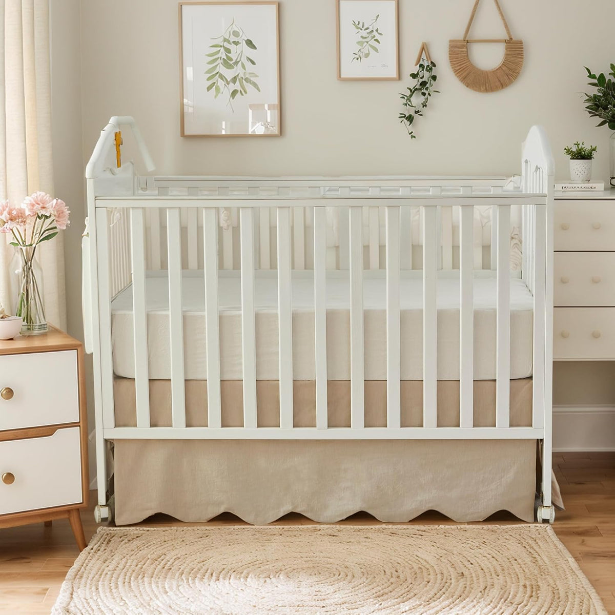 Brandream Scallop Edge Organic Cotton Crib Skirt, Baby Boy, Baby Girl, Gender Neutral Crib Skirt Toddler Bedskirt Farmhouse Chic Nursery Crib Bed Skirt, Boho Bohemian Solid Beige Skirt