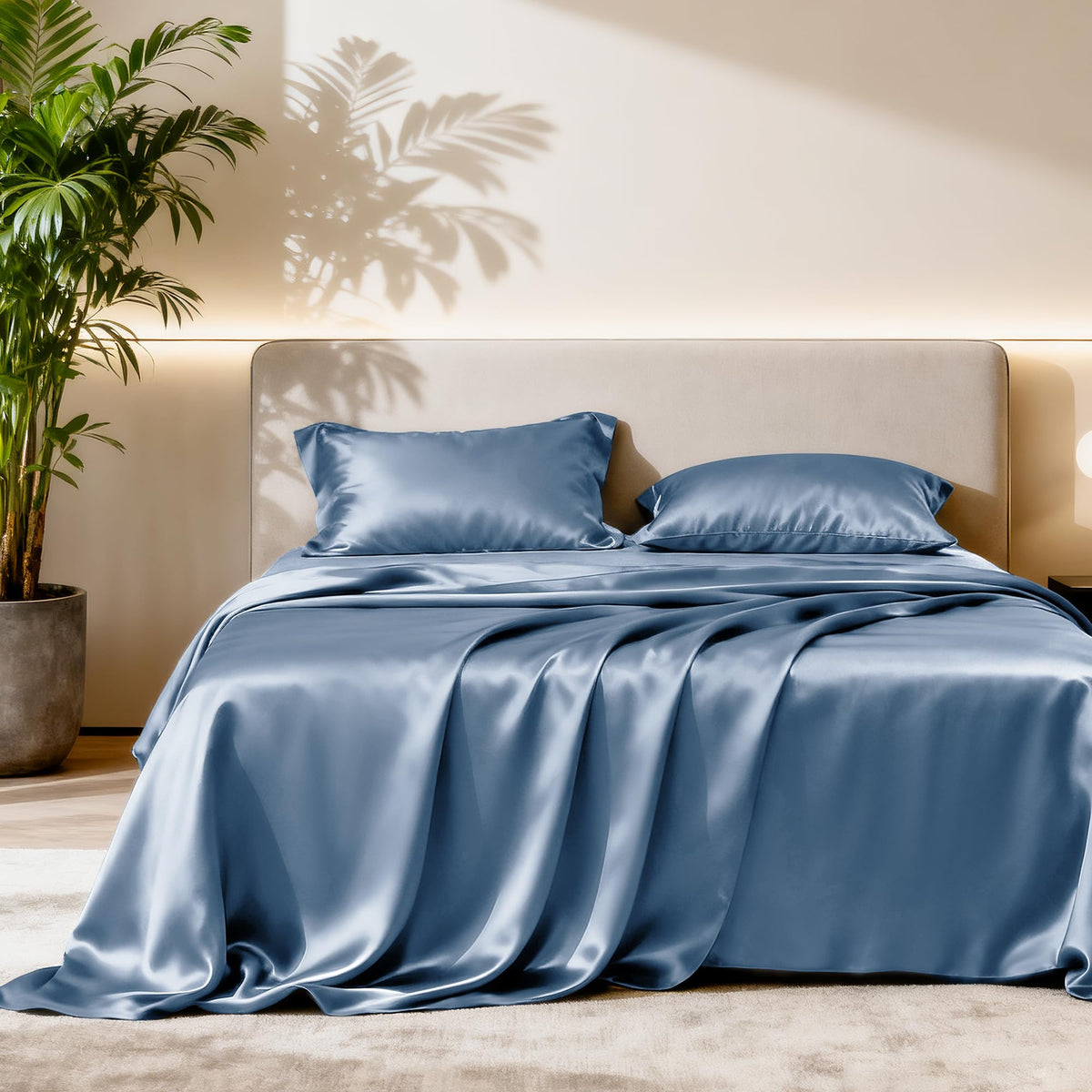 Love's cabin Satin Queen Sheets Set, 4 Pieces, Pink, 15" Deep Pocket