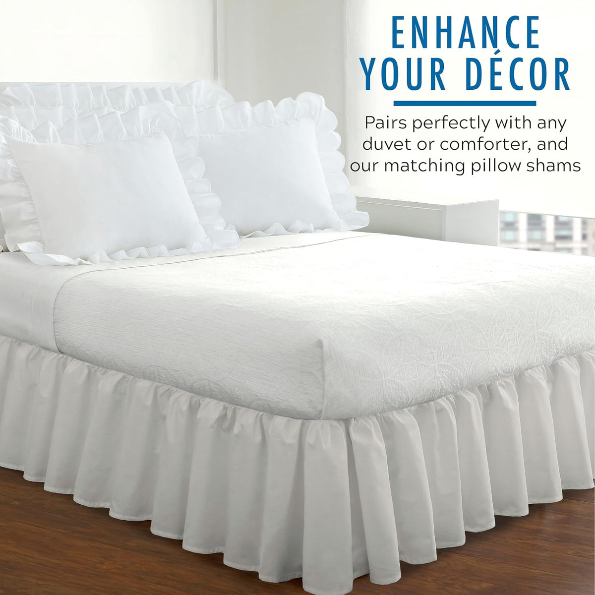 FRESH IDEAS Ideas Bedding Ruffled Bed Skirt, Classic 14” Drop Length, Gathered Styling, Full, White FRE30114WHIT02