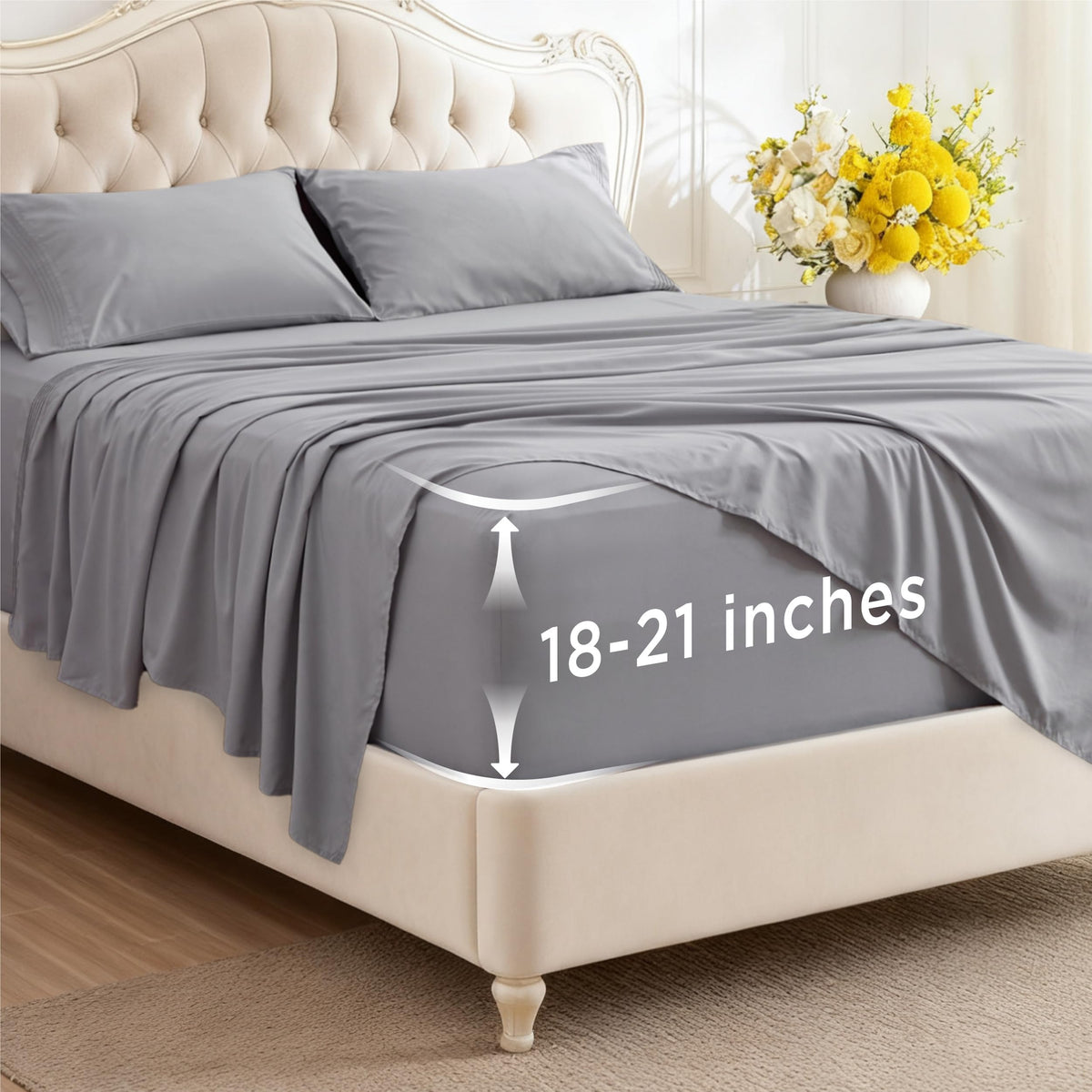 Bedsure Deep Pocket Queen Sheets Set - Fits Mattresses Up to 21 Inches Thick - 4 Piece GentleSoft Bed Sheets, Moisture Wicking, Soft & Cooling Bedsheet & Pillowcases, Easy & Secure Fit, Light Grey