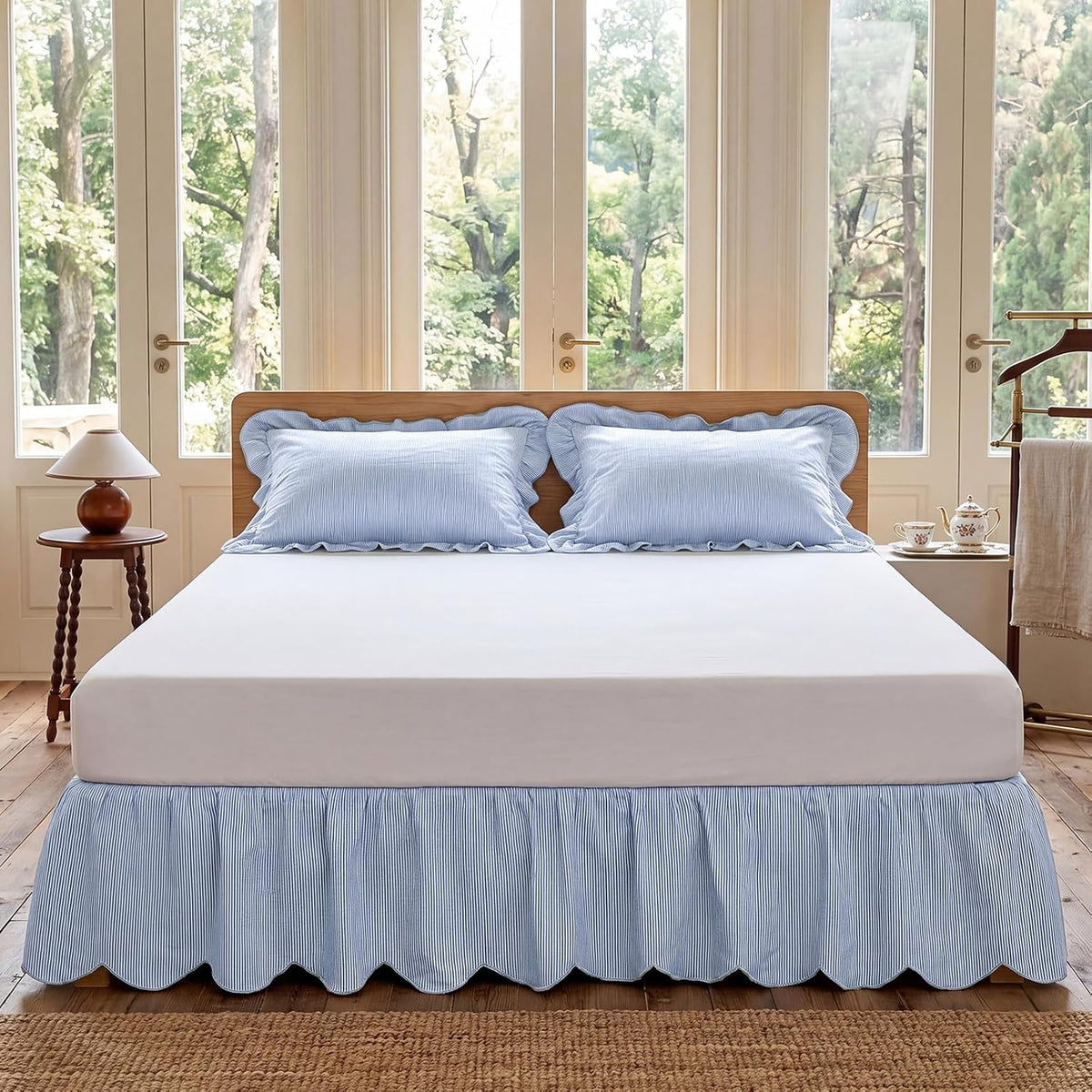 Striped Bed Skirt, Queen Size 16" Drop, Scallop Dust Ruffle, Blue