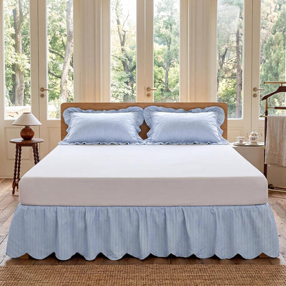 Striped Bed Skirt, Queen Size 16" Drop, Scallop Dust Ruffle, Blue