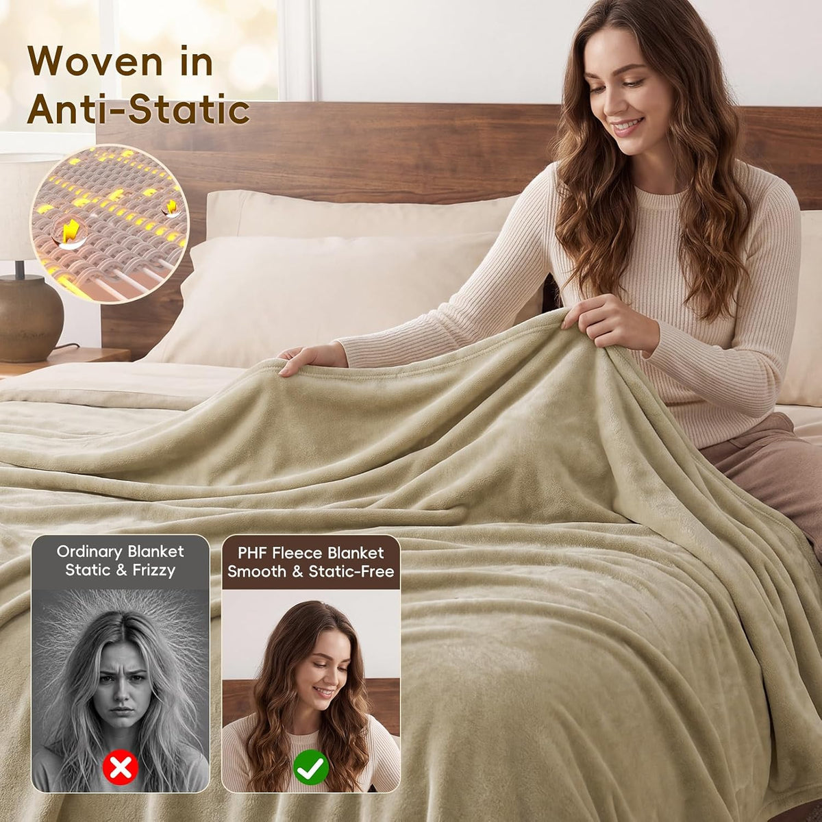PHF Fleece Blanket King Size 108x90-300GSM Lightweight Airy Warmth, Khaki