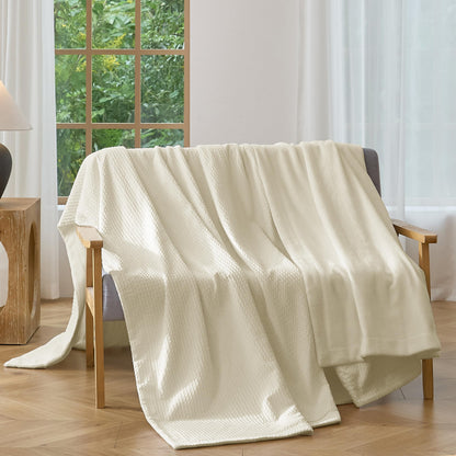 CHUFFED Cotton Waffle Blanket Queen Size-Plush Milk Velvet & Reversible Waffle Weave,Anti-Static 500Gsm Design，Thick Cozy Soft Winter Blanket for Bed, Couch, Sofa - White, 90x90 Inches