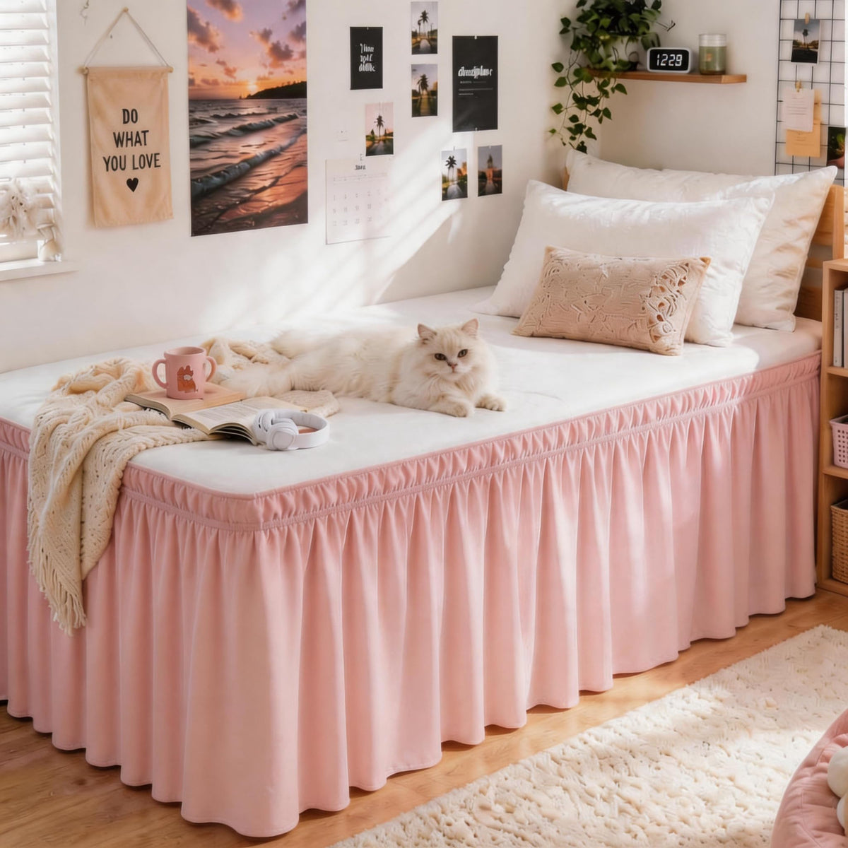 White Twin XL College Dorm Bed Skirt 32" Drop, Elastic Wrap Dust Ruffle