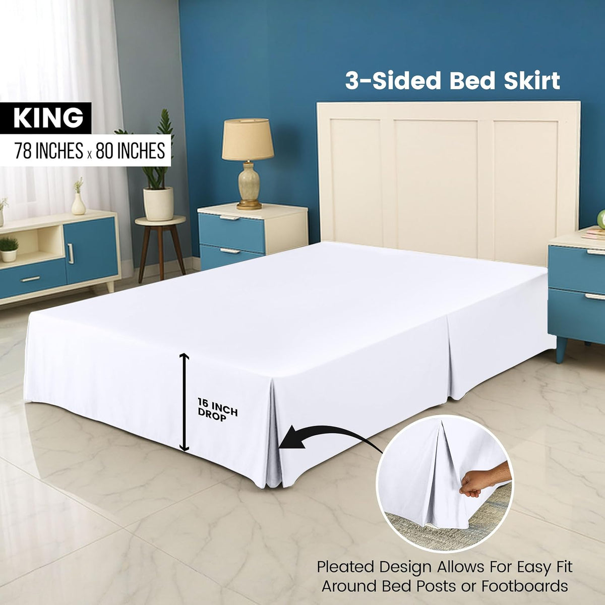King Size Pleated Bed Skirt, Hides Under-Bed Storage 16 Inch Drop, White
