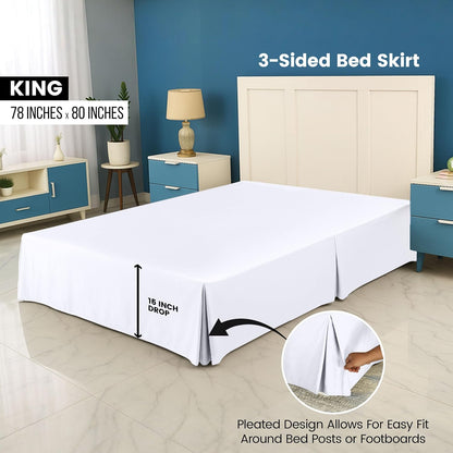 King Size Pleated Bed Skirt, Hides Under-Bed Storage 16 Inch Drop, White