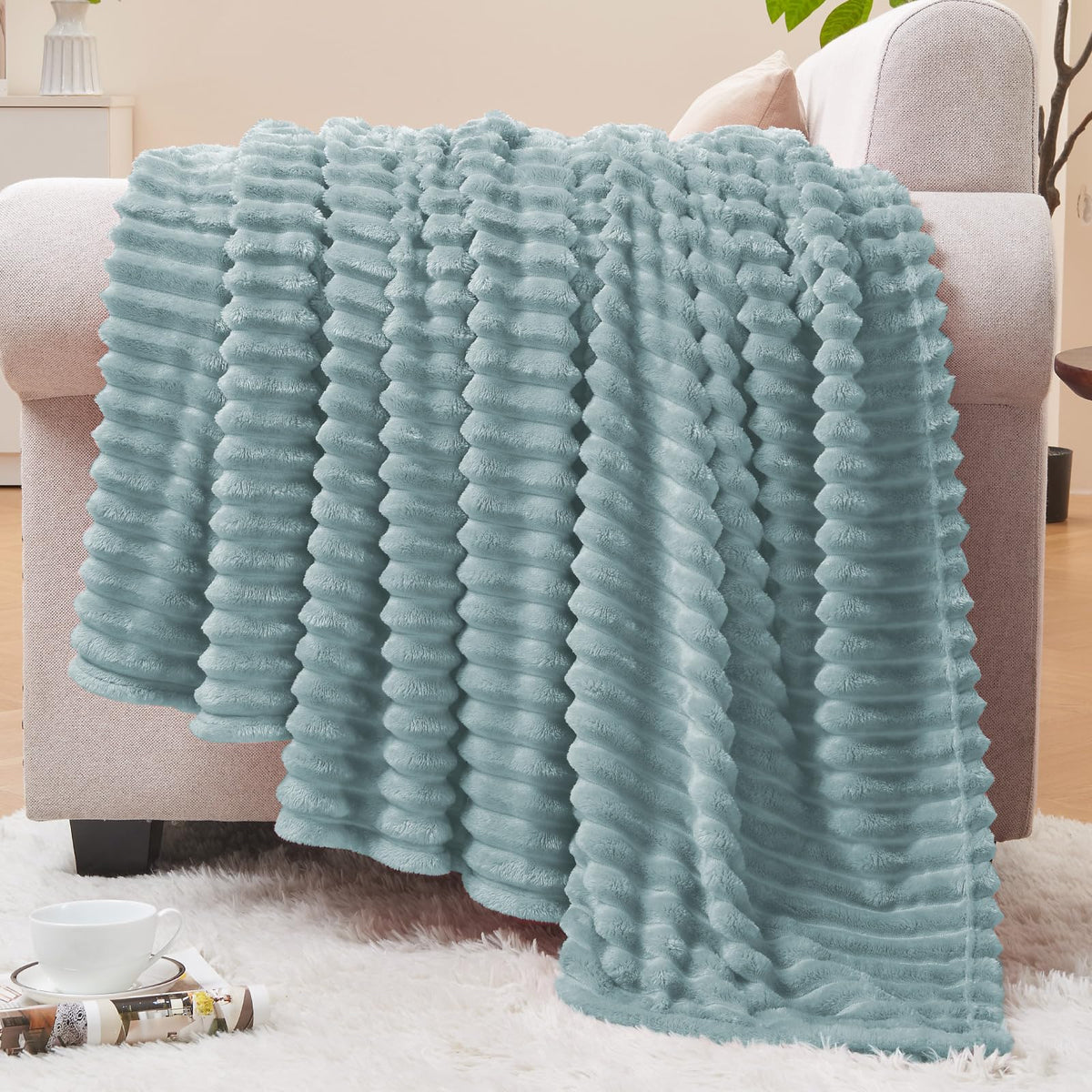BEDELITE 3D Ribbed Jacquard Pink Fleece Throw Blanket for Couch, 50x60 Inch