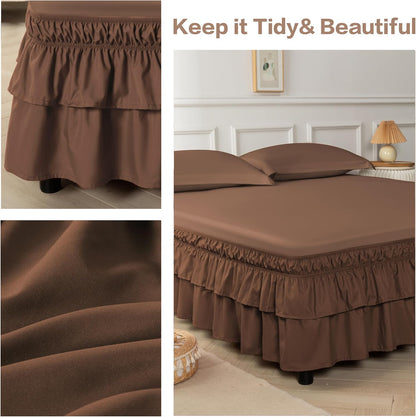 Double-Layered Ruffled Bed Skirt,Brown,Full/Queen, 14" Drop
