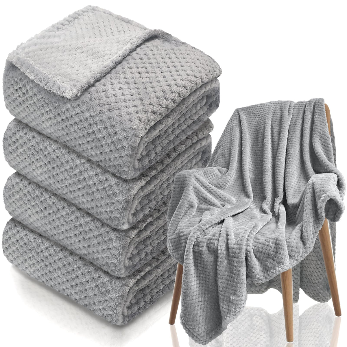 4 Pack Fleece Throw Blankets 50x60 Inches - 270 GSM Ultra Soft Plush Flannel for Bed Couch Sofa, Lightweight Warm 3D Waffle Texture, No Shedding No Pilling All Season Throw (Gray)