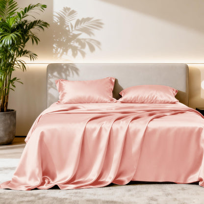 Love's cabin Satin Queen Sheets Set, 4 Pieces, Pink, 15" Deep Pocket