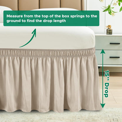 Wrap Around Queen Size Bed Skirt 15" Drop-Elastic Dust Ruffle Light Camel