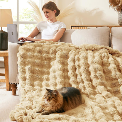 L'AGRATY Faux Rabbit Fur Throw Blanket for Couch, 50'' x 60'', Cocoa Brown
