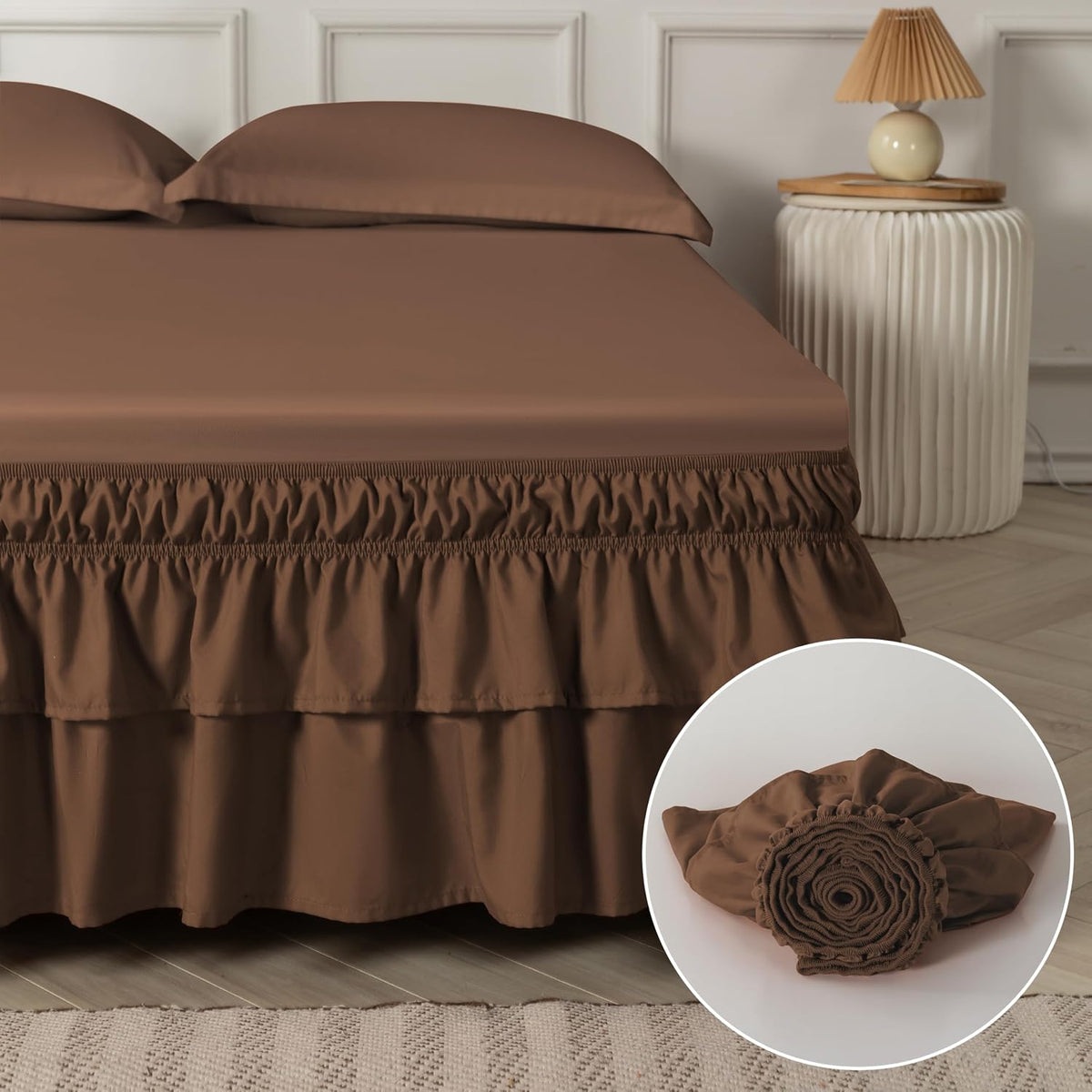 Double-Layered Ruffled Bed Skirt,Brown,Full/Queen, 14" Drop