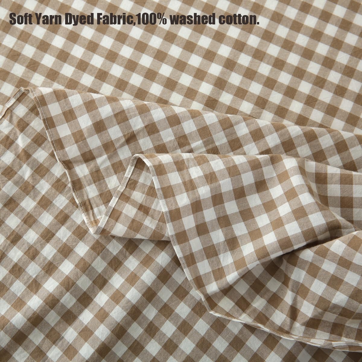 Silnuo Taupe/White Plaid Bed Skirt Gingham Dust Ruffle Queen Size 18"