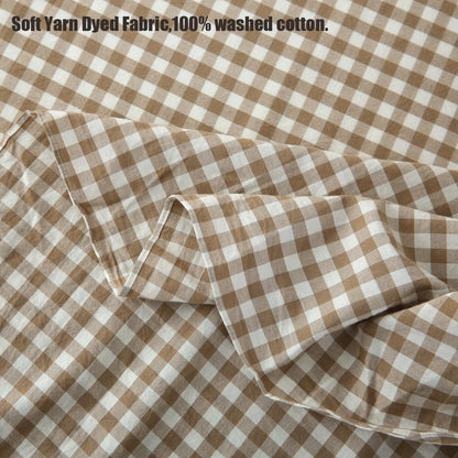 Silnuo Taupe/White Plaid Bed Skirt Gingham Dust Ruffle Queen Size 18"