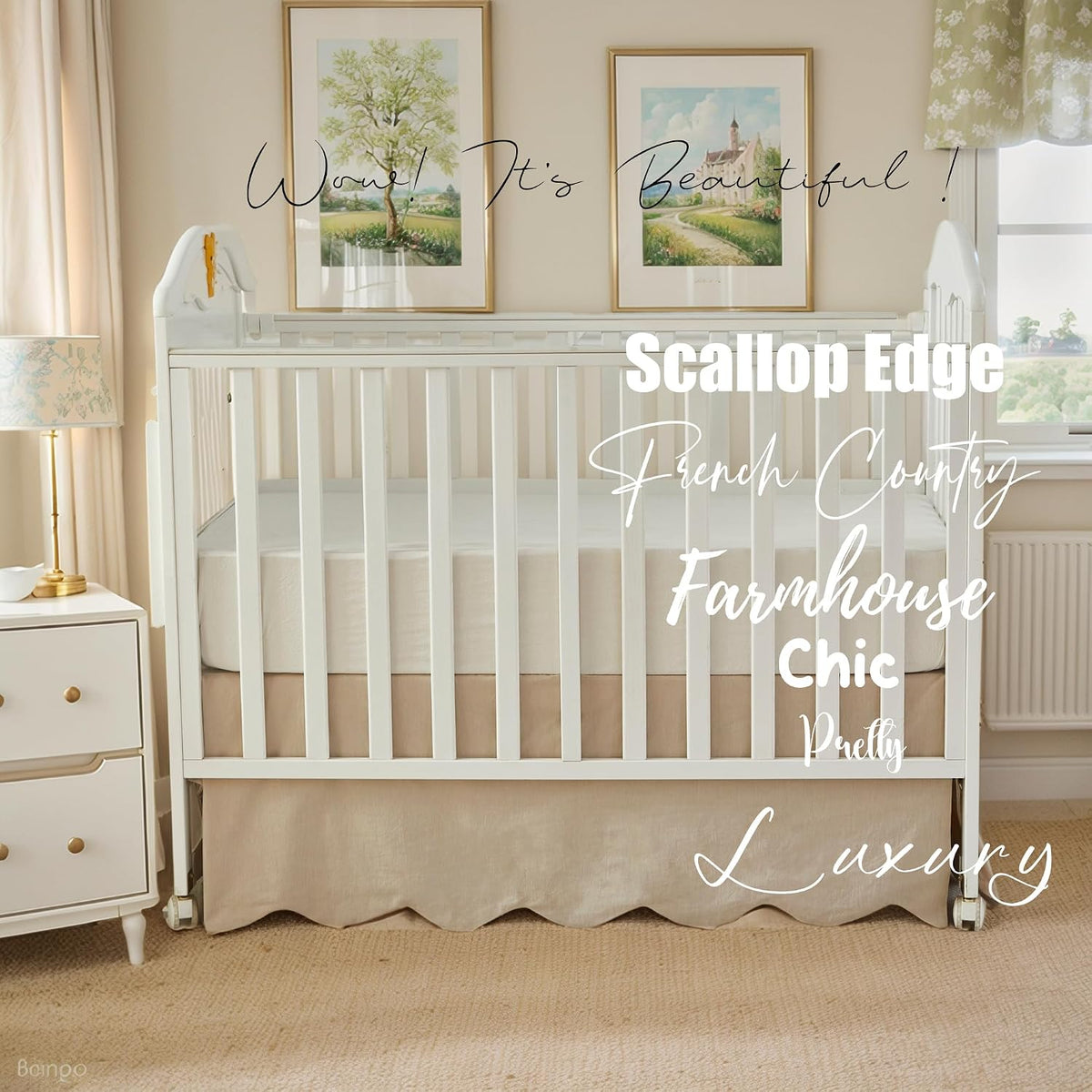 Brandream Scallop Edge Organic Cotton Crib Skirt, Baby Boy, Baby Girl, Gender Neutral Crib Skirt Toddler Bedskirt Farmhouse Chic Nursery Crib Bed Skirt, Boho Bohemian Solid Beige Skirt